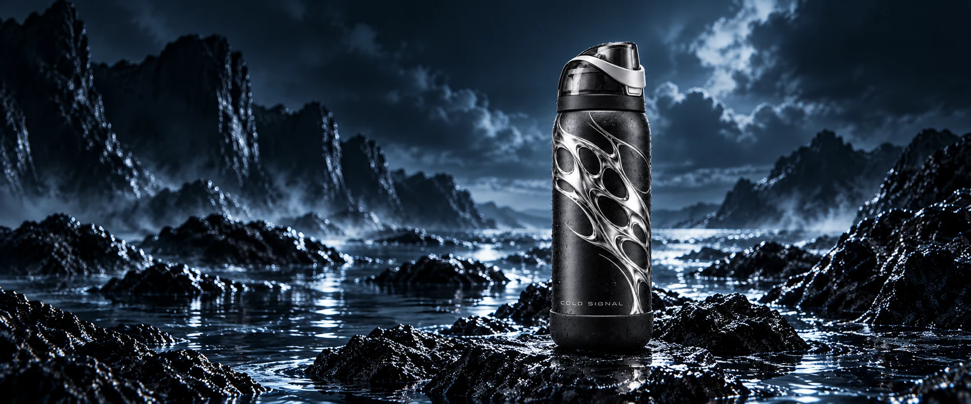 Liquid Armor standing on wet volcanic stone beneath a midnight-blue sky.